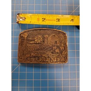 CDG Metalworks 1977 Belt Buckle I AM PROUD To Be A FARMER Farm Scene Vintage